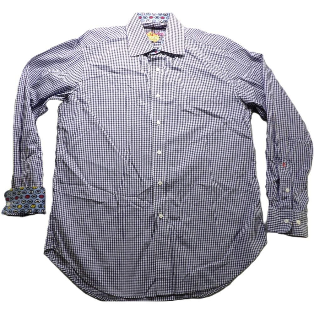 Robert Graham Men Button Up Shirt M Blue White Gingham Long Sleeves Cotton Dress